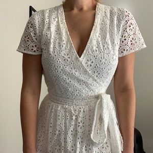 White Eyelet Belted A-Line Dress